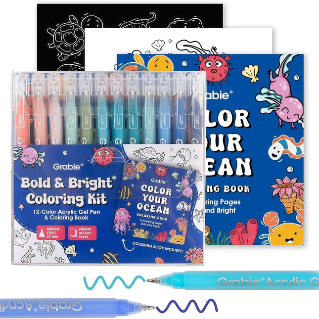 Acrylic Gel Pens Coloring Kit with Coloring Book, 12 Ocean Colors