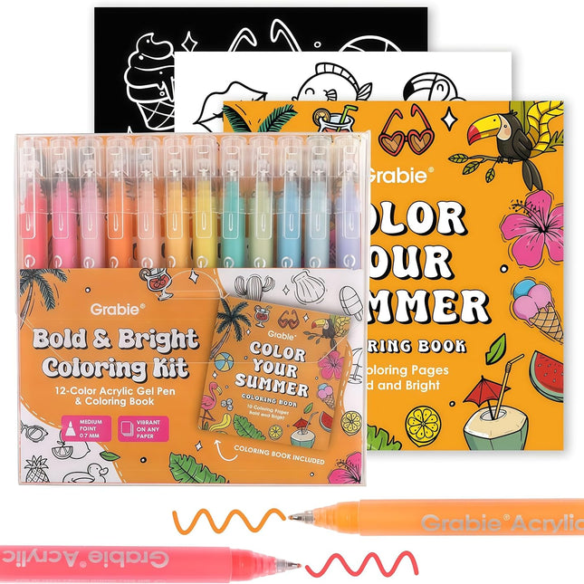 Acrylic Gel Pens Coloring Kit with Coloring Book, 12 Summer Colors
