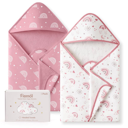 Baby Girl 100% Cotton Hooded Bath Towels, 2 Pack, Pink Rainbow