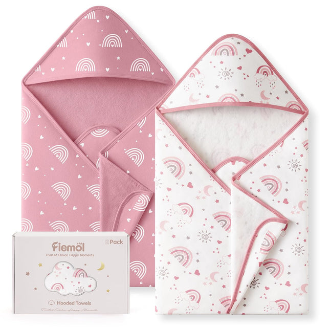 Baby Girl 100% Cotton Hooded Bath Towels, 2 Pack, Pink Rainbow