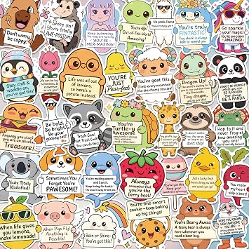 120PCS Positive Affirmation Stickers – Cute Animal & Food Pun Vinyl Decals