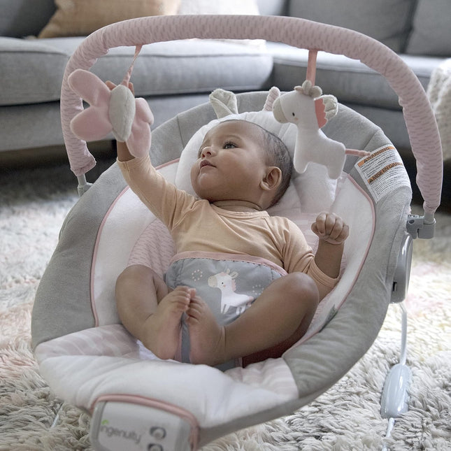 Soothing Baby Bouncer Infant Seat with Vibrations, Toy Bar & Sounds, Pink Unicorn, 0-6 Months