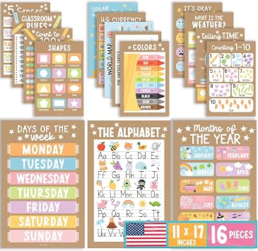 16 Laminated Educational Posters for Pre-K, Preschool, Toddler Homeschool, and Kindergarten Classrooms