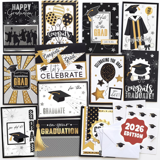 Gold Foil Graduation Cards 2026 - 5x7 12 Pack with Envelopes & Stickers