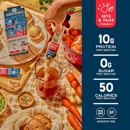 Beef Bone Broth Instant Powdered Mix Packets | 5g Collagen | 10g Protein | Keto & Paleo Friendly | No Artificial Flavors | Rich Savory On-the-Go 16 Pack