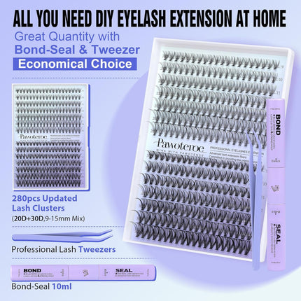 Pawotence Lash Extension Kit DIY 280pcs Individual Lash Clusters Kit 20D&30D Natural 9-15mm Cluster Eyelash Extensions Kit with Lash Bond and Seal, Tweezers for Self Use (20D&30D, 0.07D, 9-15mm, Kit)