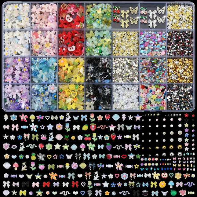 9000 Pcs 3D Nail Charms and Gems Bulk Kit 110 Styles Colorful Rhinestones Bows Butterfly Flower Star Beads Pearls Bubble