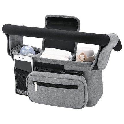 Baby stroller manager with non-slip strap in use outdoors with stroller