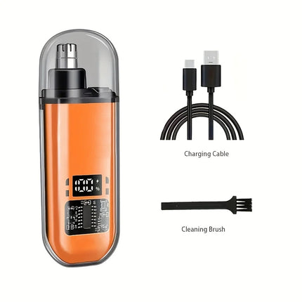 Electric nose hair trimmer product packaging and included accessories